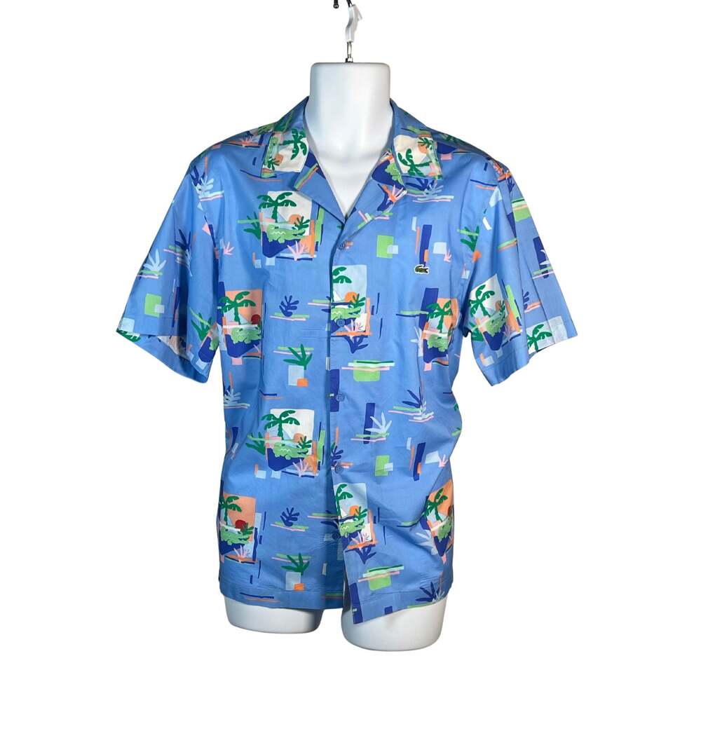 Lacoste Blue Palm Tree Tropical Print Short Sleeve Button Down Shirt